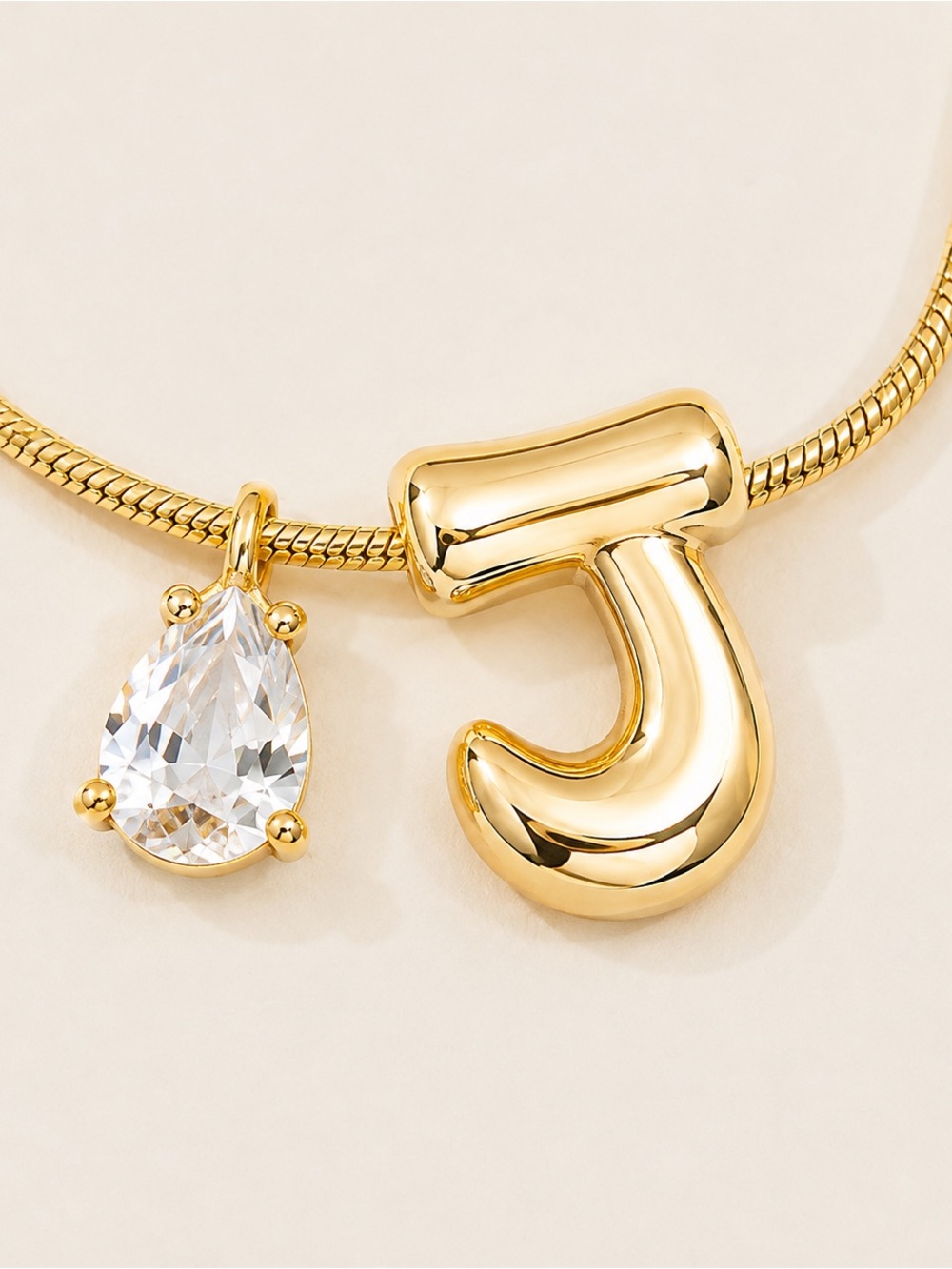 Gold Bubble Initial Pear Charm Necklace (7215)